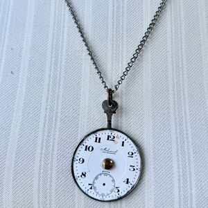 Genuine 1910s Admiral Porcelain Watch Face Silver Necklace–Upcycled Antique 20”